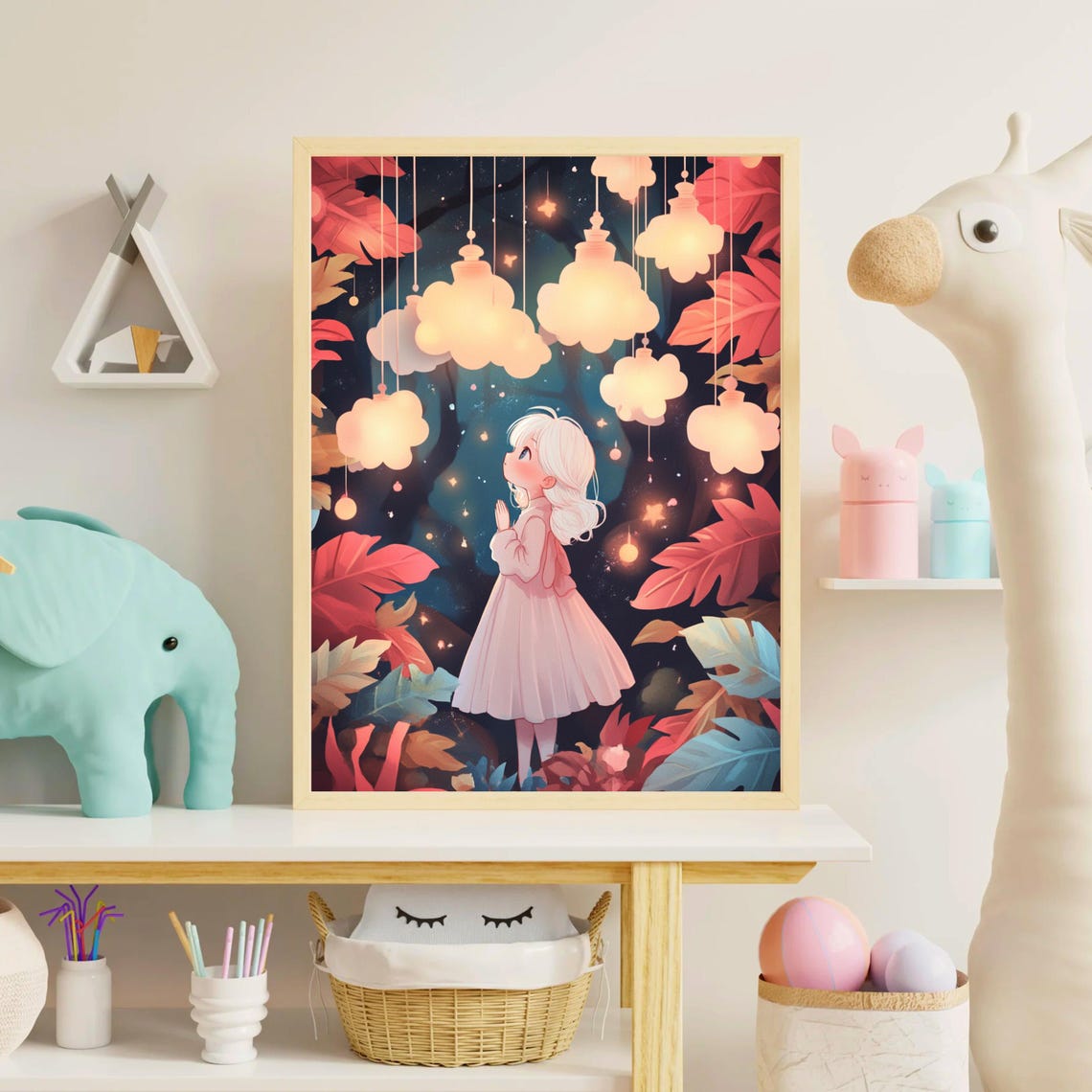 Dreamy Cloud Girl, Whimsical Night Sky Art Print - Image 4