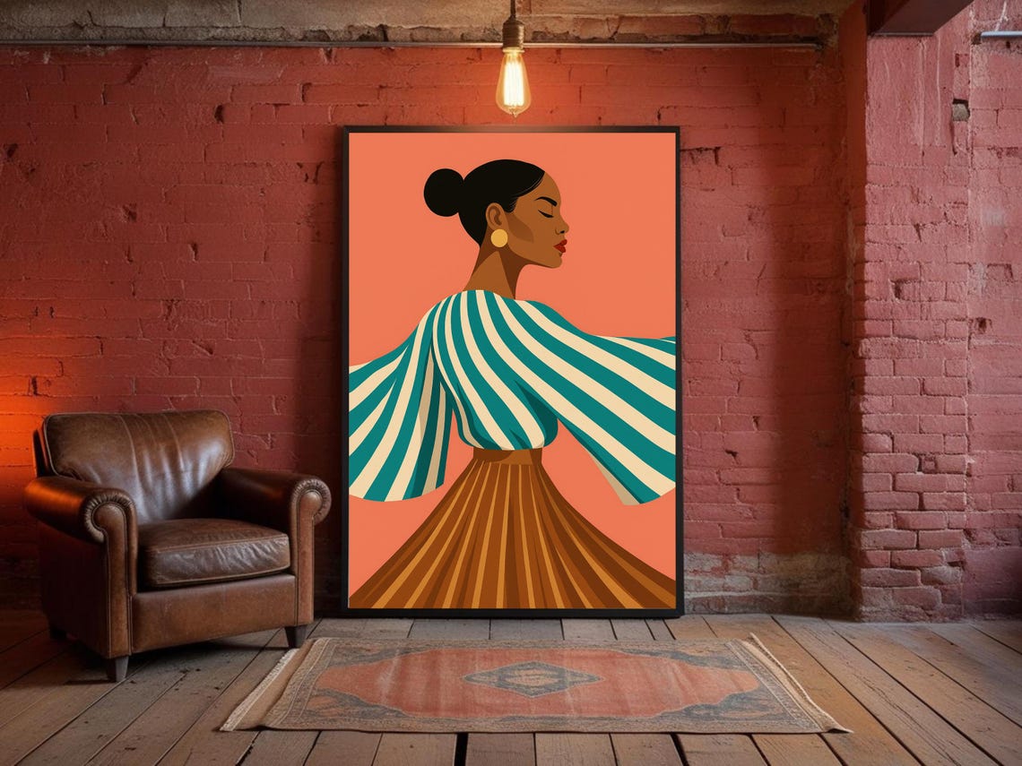 Bold Fashion Wall Art Of Woman In Teal Stripes - Image 4