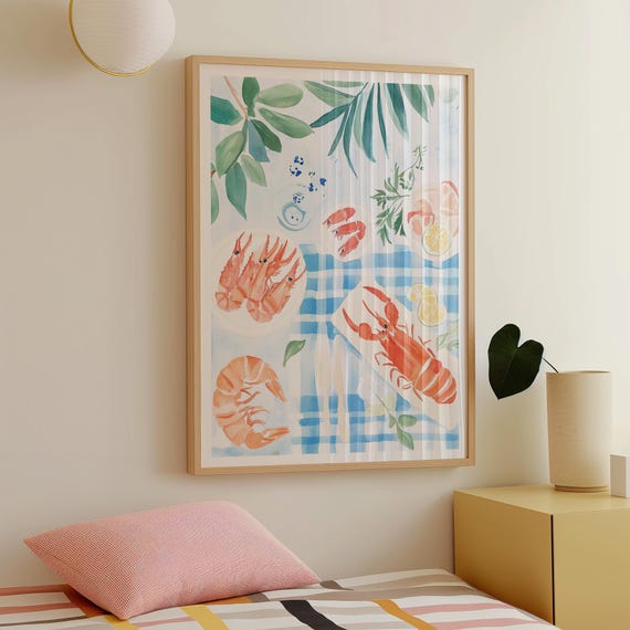 Coastal Seafood Wall Art Nautical Kitchen Decor Retro Seafood Watercolor Pastel Print