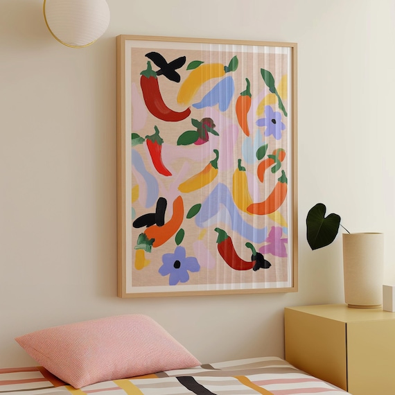 Colorful Chili Peppers Kitchen Art Print with Painterly Floral Mix