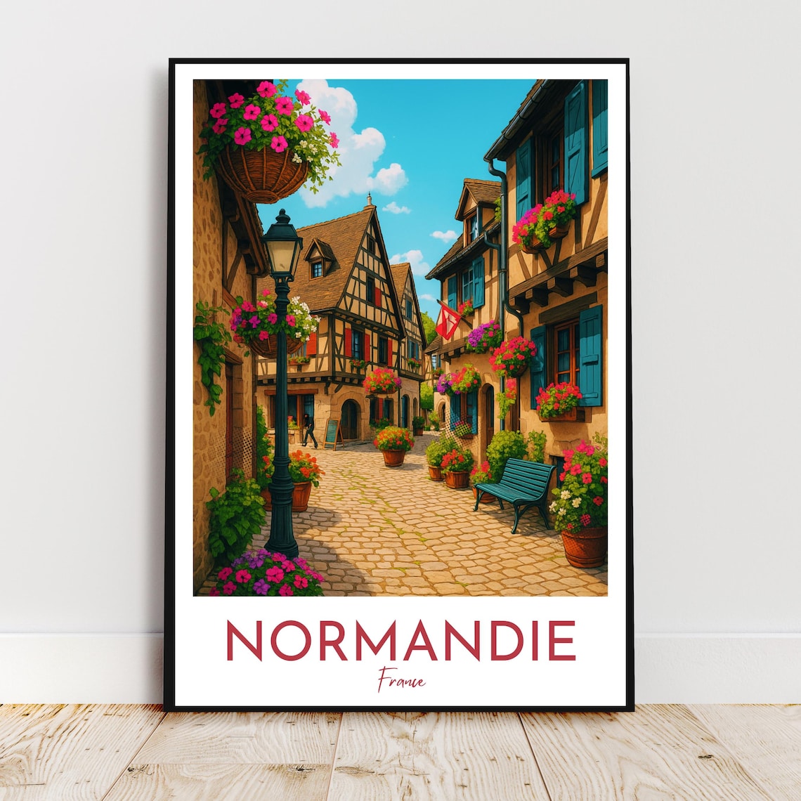 Normandie France Flower Village Cobblestone Street Travel Poster