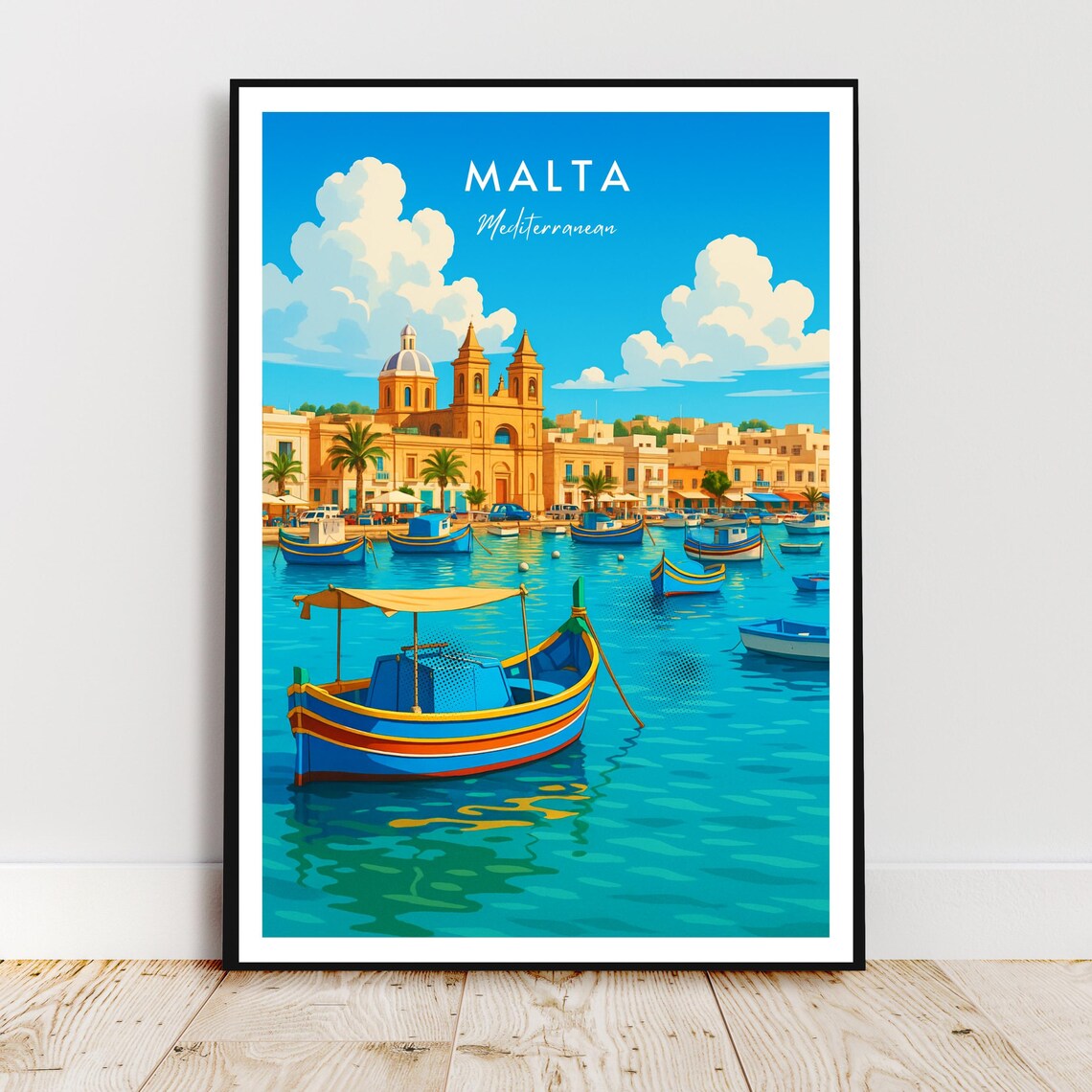 Malta Mediterranean Harbor Fishing Boats Vintage Travel Poster