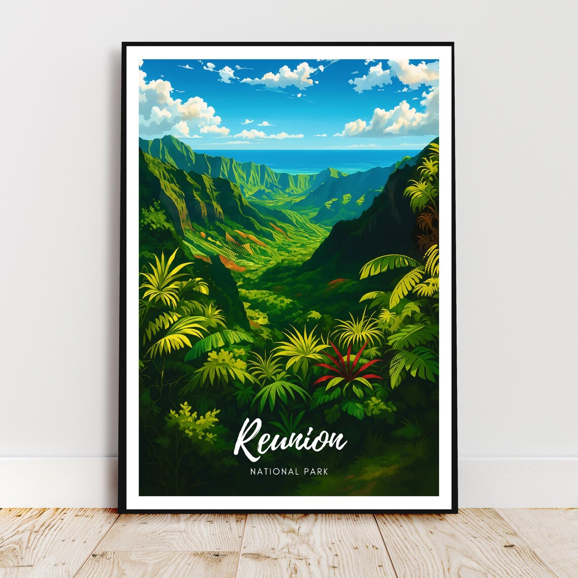 Reunion National Park Lush Green Valley Travel Poster Tropical Cirque Art