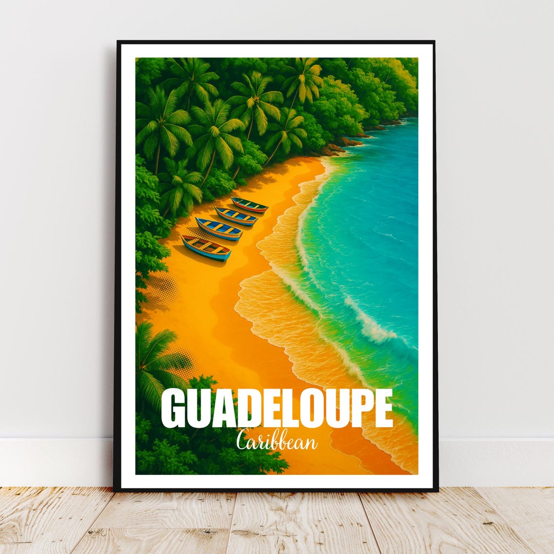 Guadeloupe Caribbean Golden Beach and Palm Trees Travel Poster