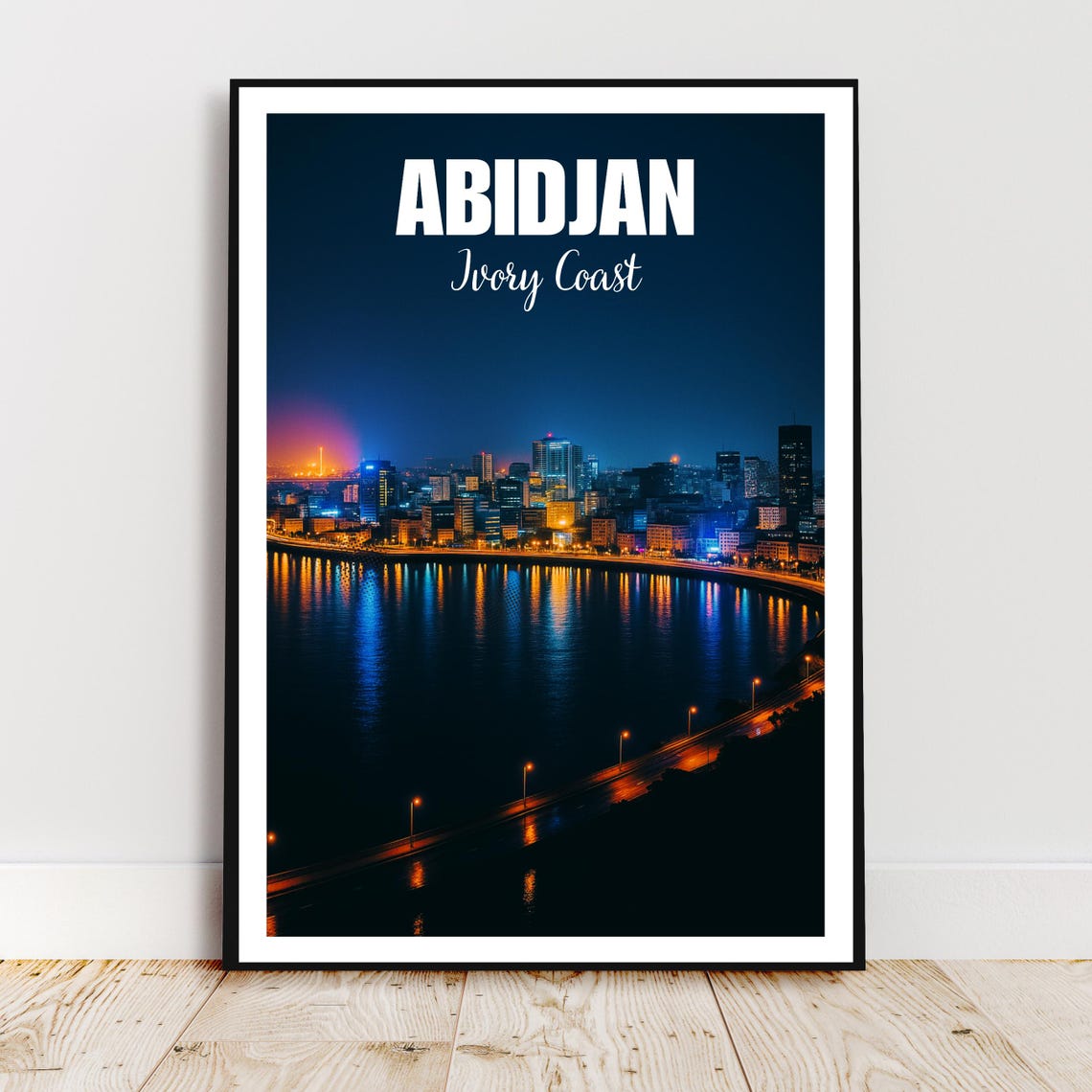 Abidjan Ivory Coast Night Skyline Lagoon Lights Travel Poster