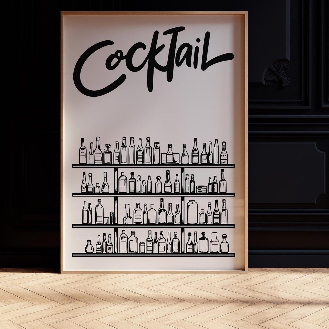Cocktail Script Bar Shelf Bottles Line Drawing Home Bar Decor Wall Art - Image 2