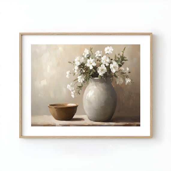 White Flowers In Gray Vase Still Life Painting Elegant Decor Poster