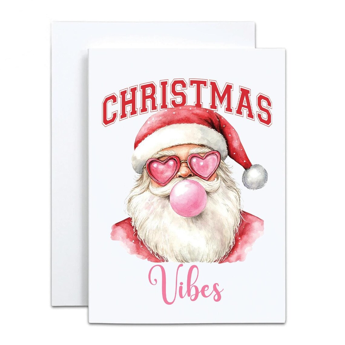 Christmas Vibes Santa Pink Bubblegum Heart Sunglasses Xmas Card Print