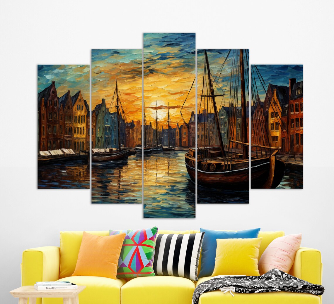 Copenhagen Denmark Nyhavn Harbor Sunset Boats Van Gogh Style Travel Poster - Image 3