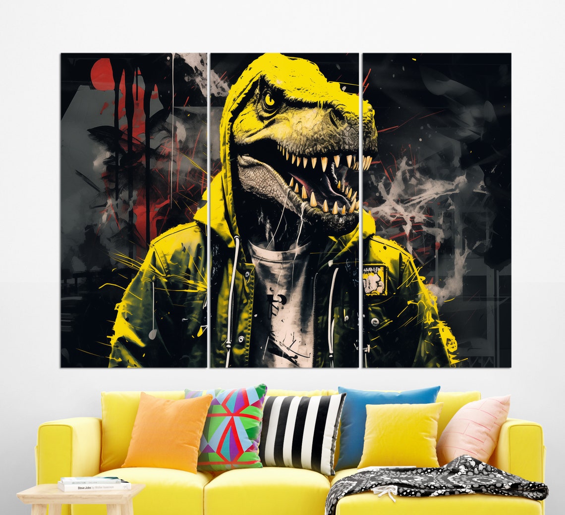 Dinosaur T Rex Yellow Hoodie Street Art Graffiti Cool Urban Poster - Image 3