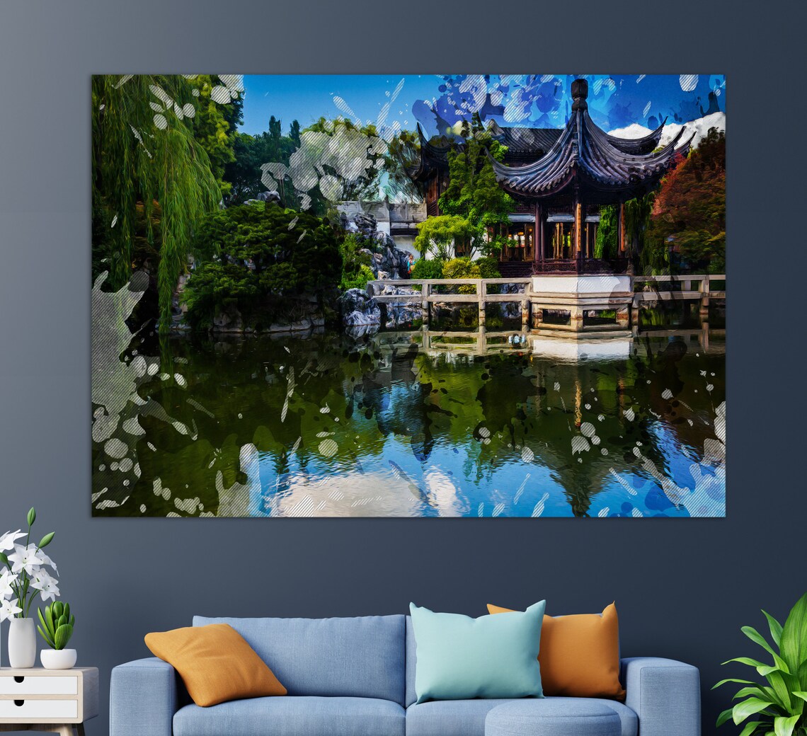 Lan Su Chinese Garden Portland Pagoda Lake Reflection Travel Poster