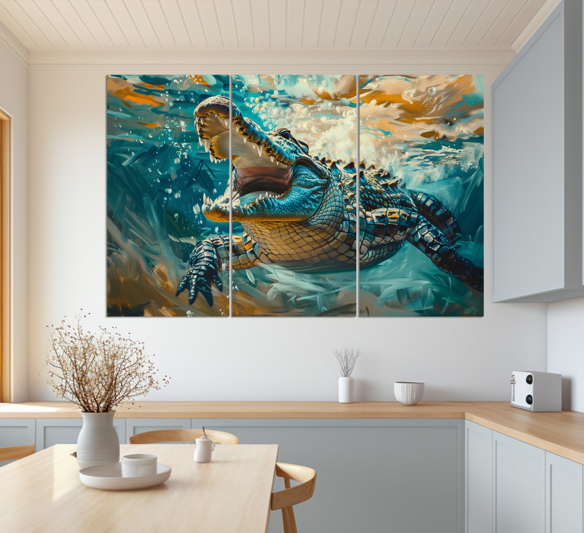 Crocodile Underwater Jaws Open Teal Painting Wild Reptile Art Poster - Image 4
