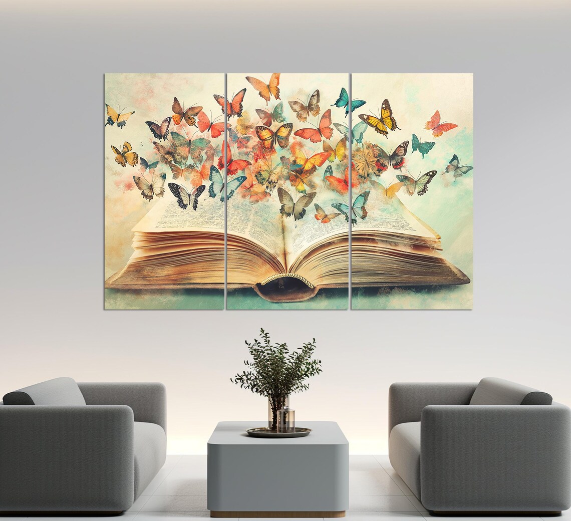 Abstract Open Book With Butterflies, Vintage Library Decor - Image 3