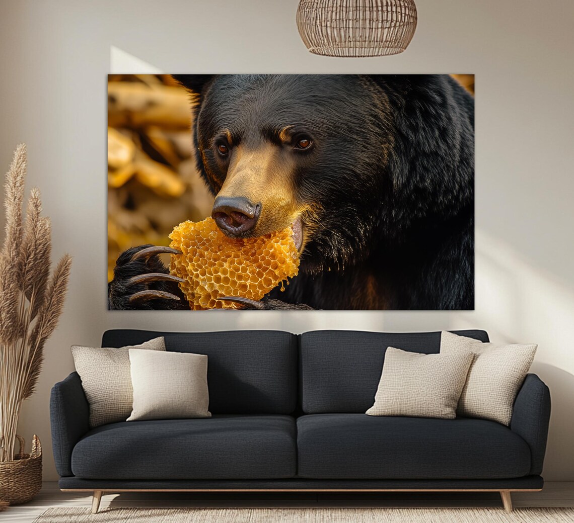 Black Bear Eating Golden Honeycomb Wildlife Close Up Dramatic Art Poster - Image 3