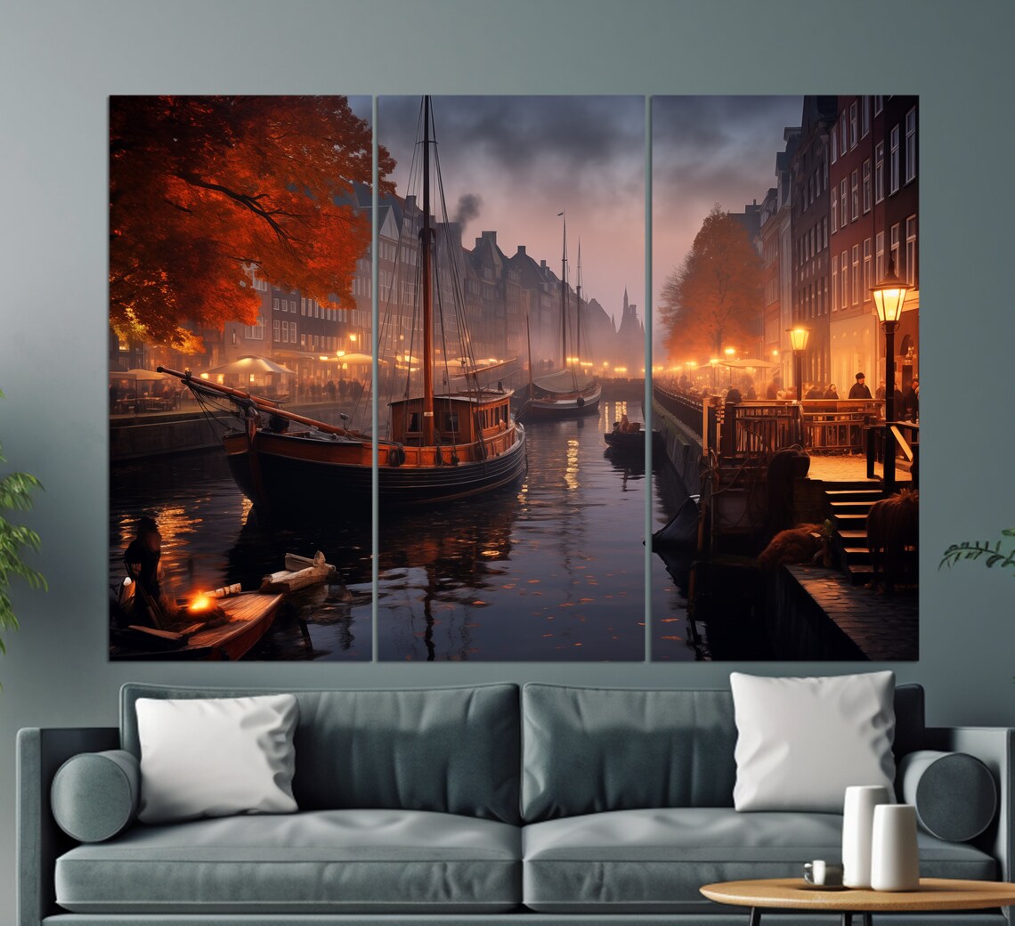 Misty Copenhagen Canal Night Boats Street Lamps Autumn Denmark Poster - Image 3