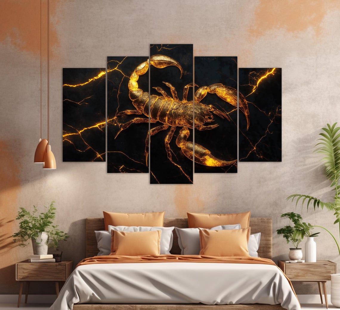 Golden Scorpio Scorpion On Black Marble Lightning Zodiac Sign Wall Art