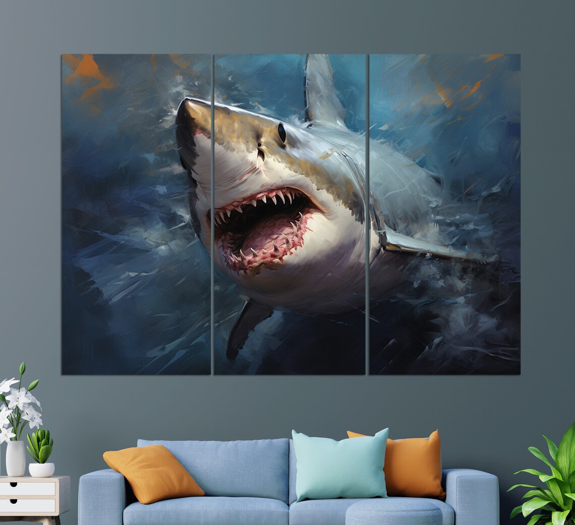 Shark Oil Painting Print Sharks Wall Art Shark Poster Underwater Art - Image 2