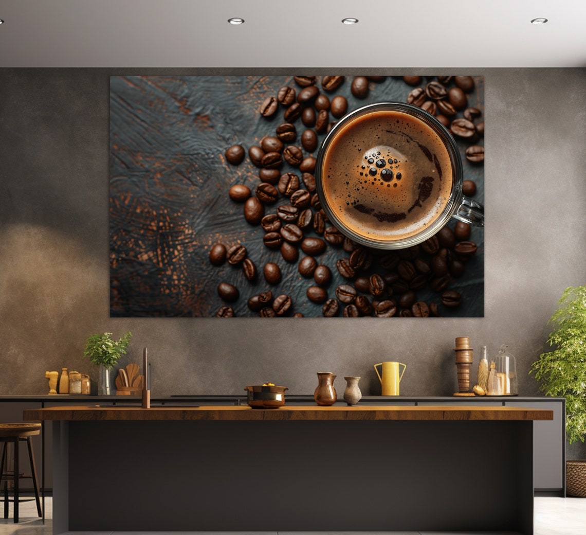 Coffee Cup Top View Roasted Beans Dark Rustic Modern Kitchen Art Print - Image 2