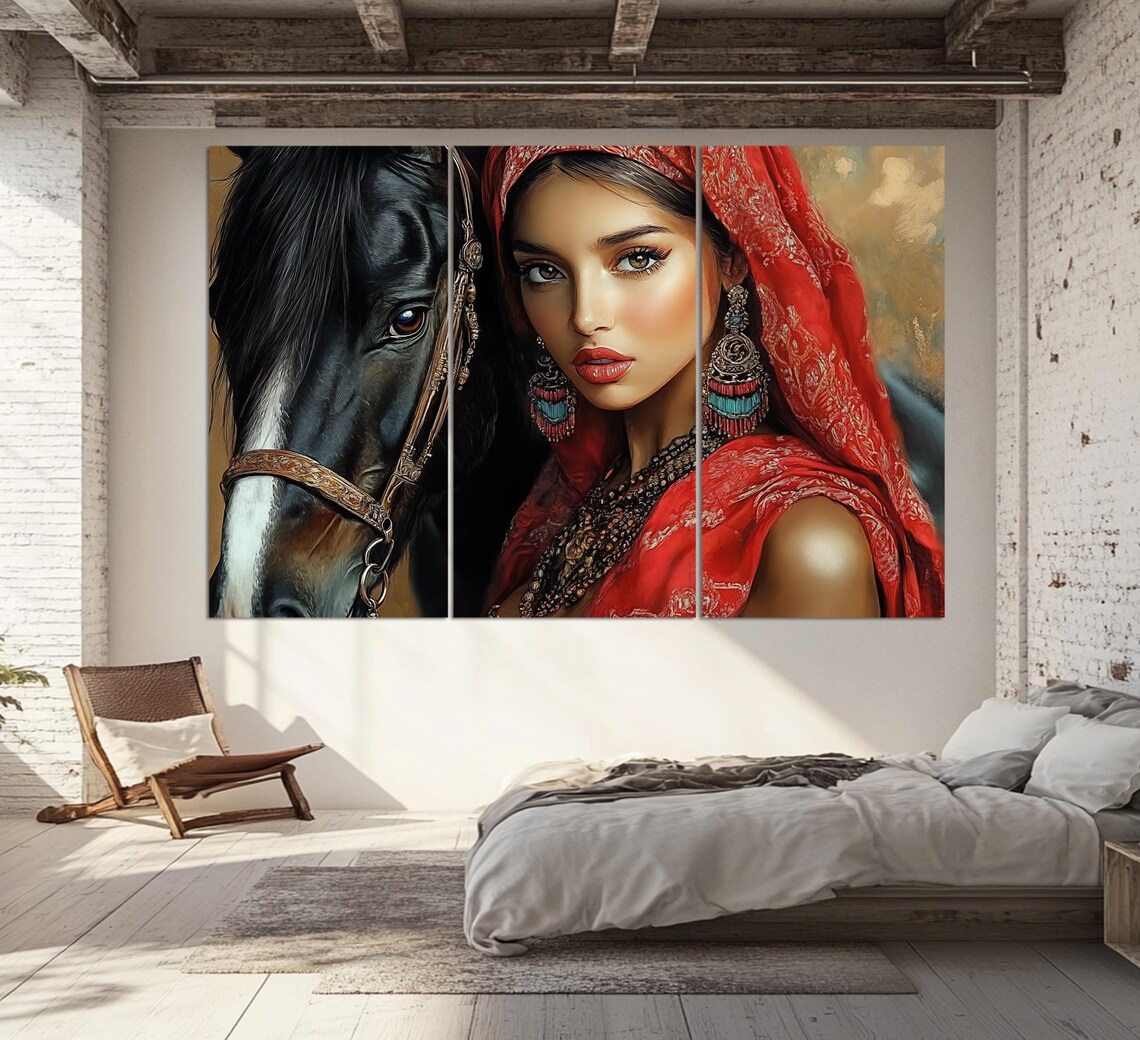 Arab Woman In Red Veil With Black Horse Oriental Beauty Art Poster - Image 2