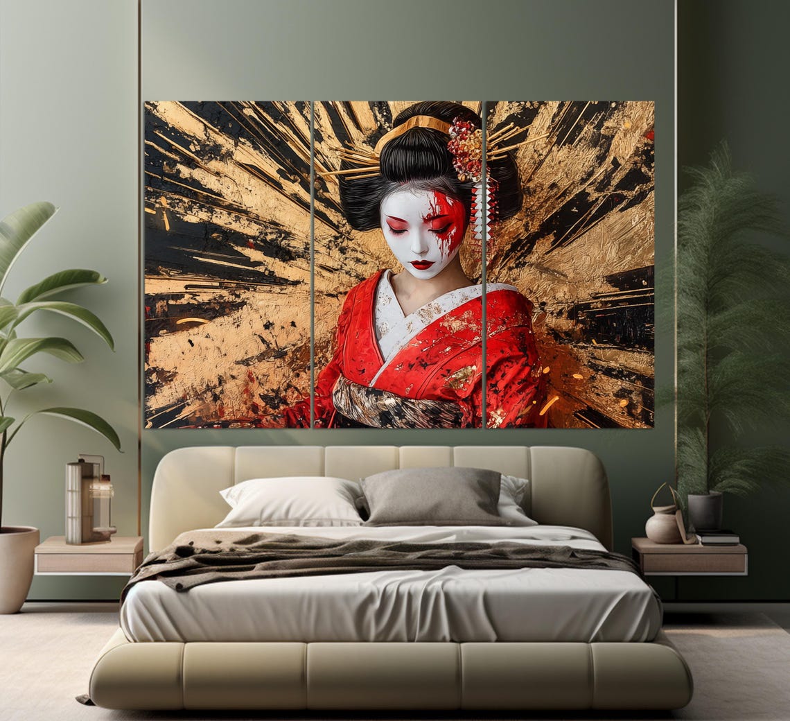 Beautiful Geisha In Red Kimono Print Japanese Woman Painting Japanese Wall Art Japanese Woman Poster Geisha Painting - Image 4