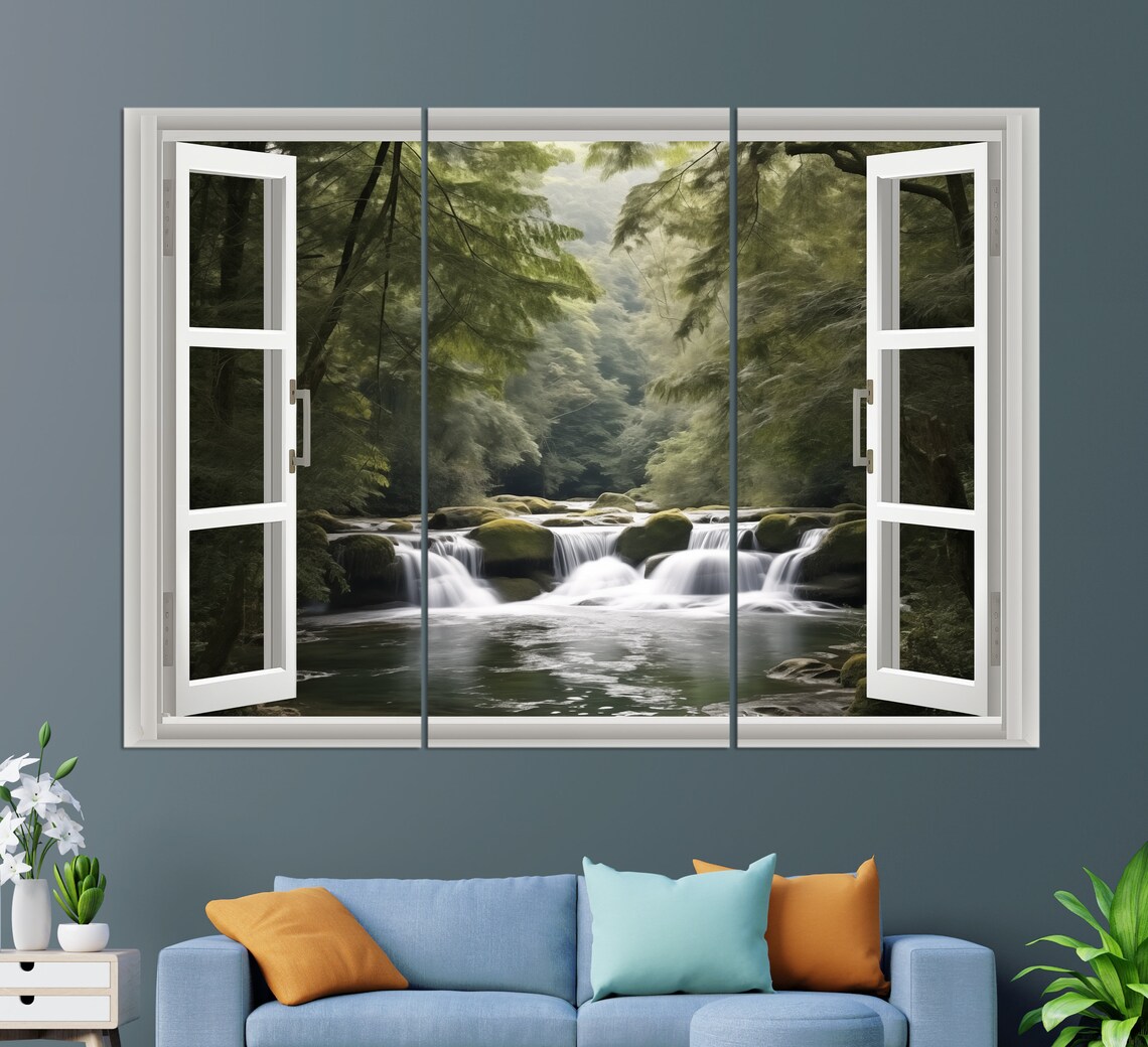 Window To Forest Waterfall, Modern Wall Decor