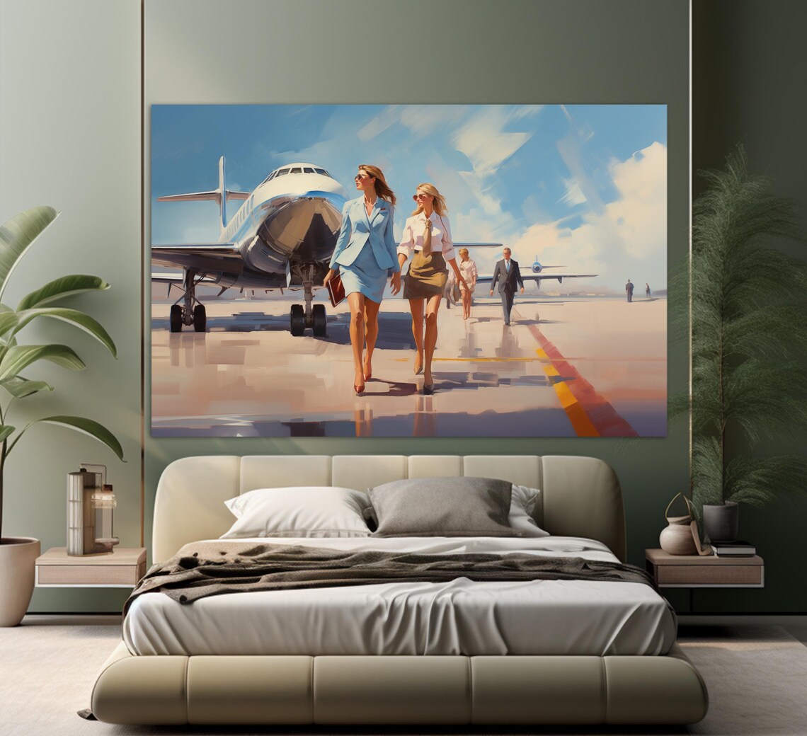 Confident Businesswomen Walking Private Jet Airport Tarmac Painting Print