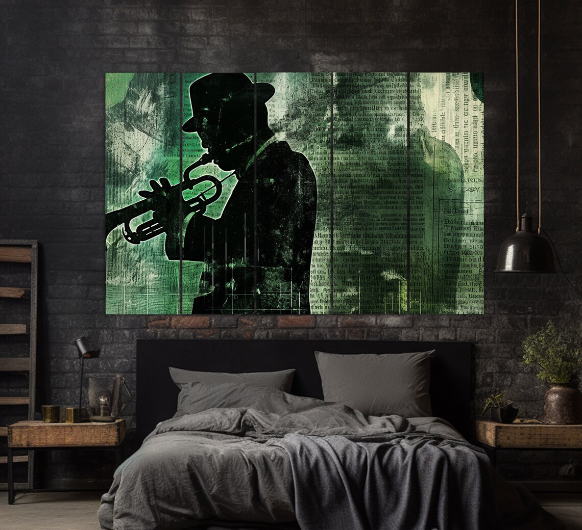 Jazz Trumpeter Silhouette Green Newspaper Collage Music Club Wall Art Poster - Image 3