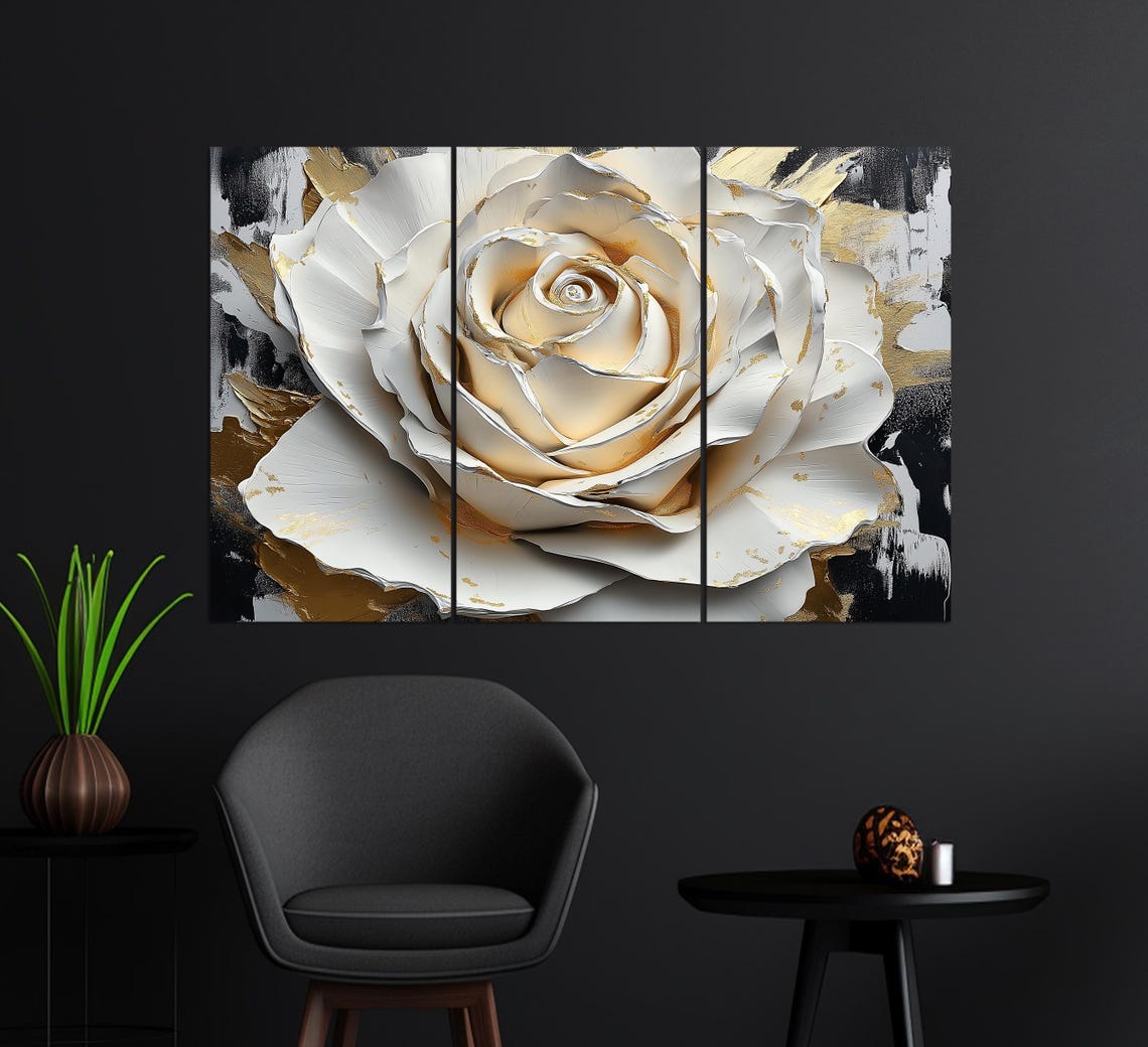 Abstract White Rose Gold Black Brushstroke Textured Floral Art Print - Image 3