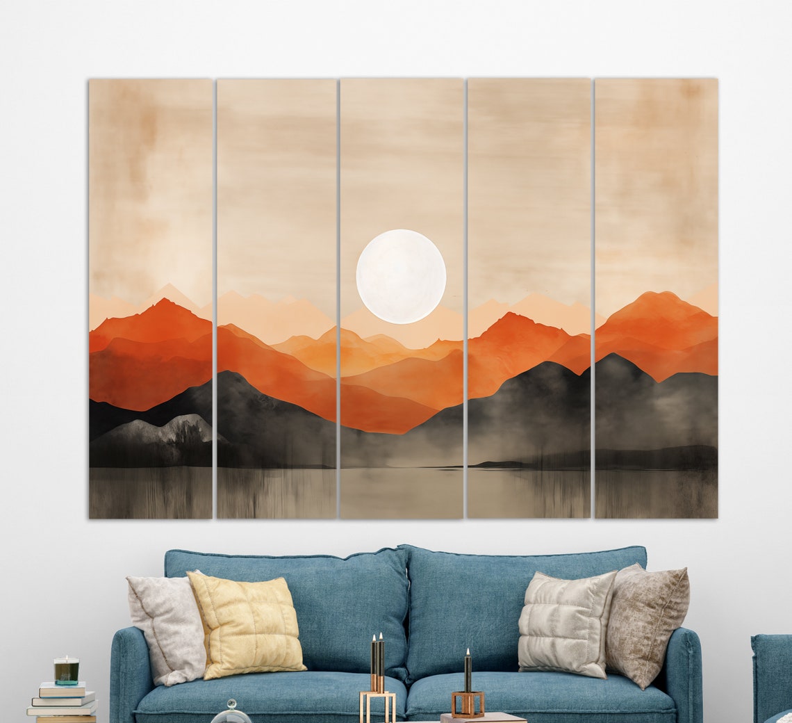 Boho Wall Art Boho Sun Over Orange Mountains Painting Mid Century Modern Print Orange Tones Minimalist Wall Decor Boho Art - Image 2