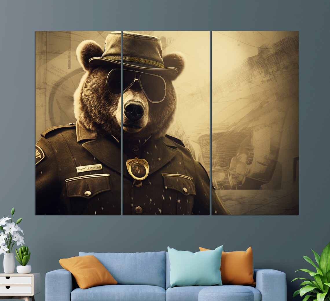 Bear Sheriff Vintage Sepia Bear Officer Hat Badge Funny Animal Wall Art Print - Image 3