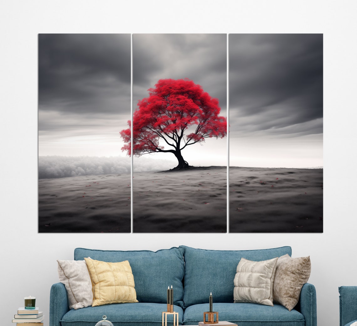 Lonely Red Tree Stormy Grey Landscape Bold Contrast Nature Art Poster - Image 3