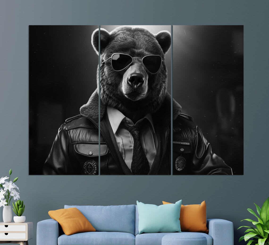 Bear Police Officer Sunglasses Leather Jacket Portrait Funny Animal Wall Art - Image 2