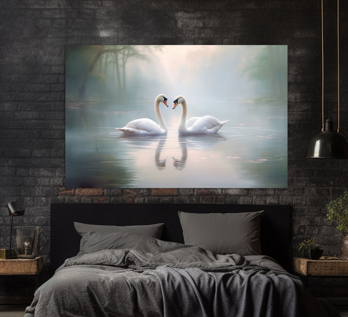 Swan Couple Facing Each Other Misty Lake Romantic Art Poster - Image 2