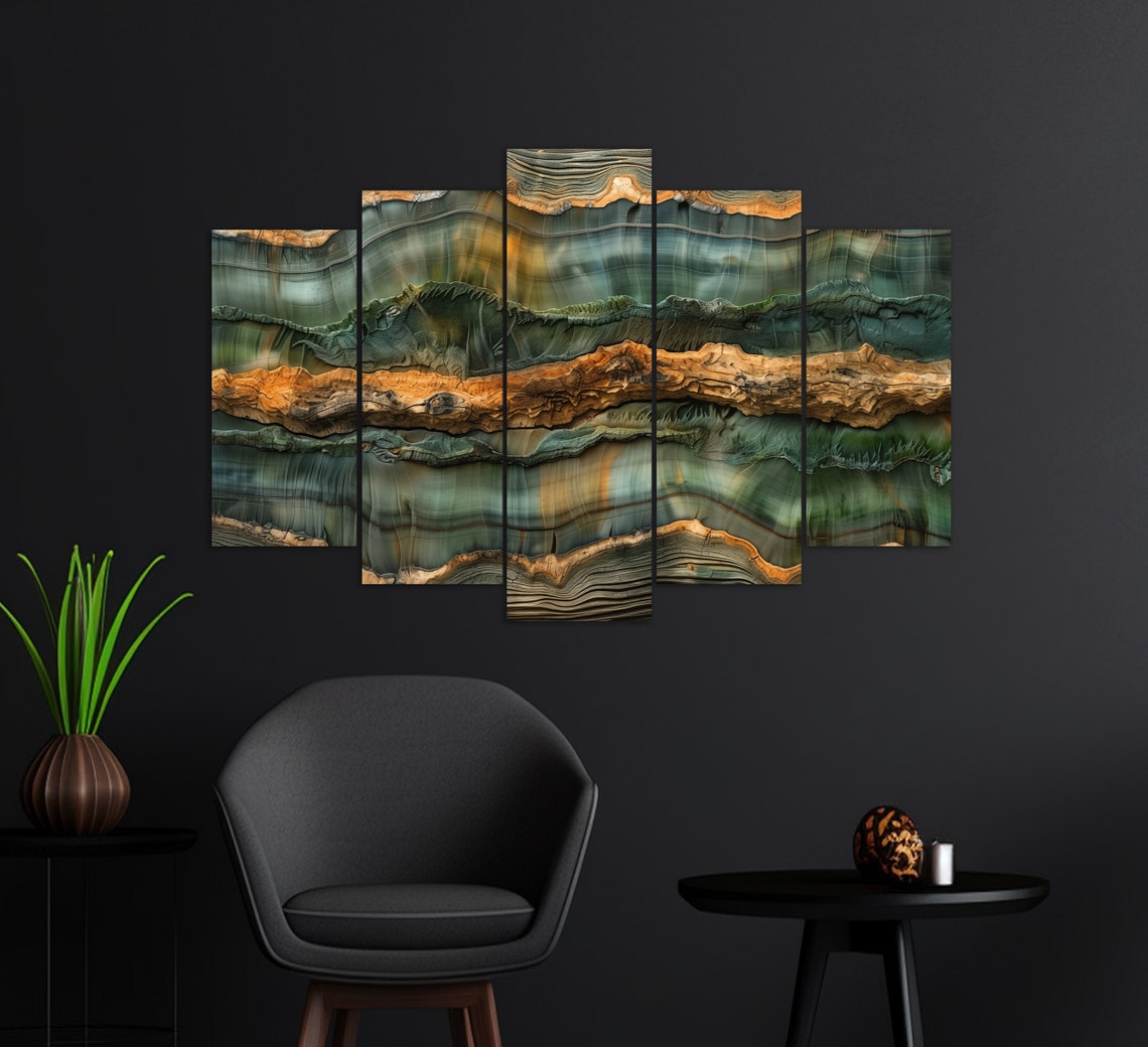 Luxury Abstract Agate Stone Bands Teal Amber Gold Modern Wall Art - Image 2