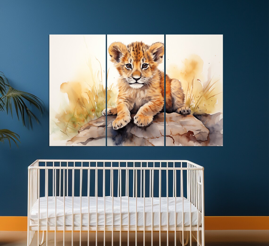 Cute Lion Cub Sitting On Rock Watercolor Nursery Kids Wall Art - Image 3