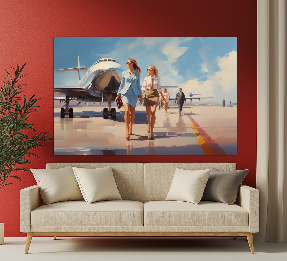 Confident Businesswomen Walking Private Jet Airport Tarmac Painting Print - Image 3