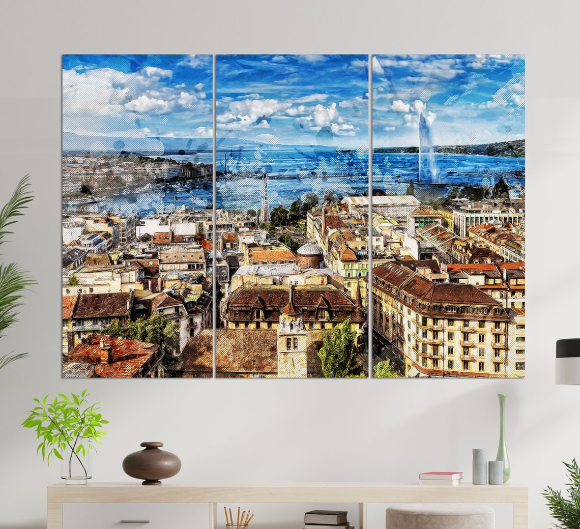 Geneva Switzerland Jet D'Eau Lake Geneva Old Town Triptych Wall Art