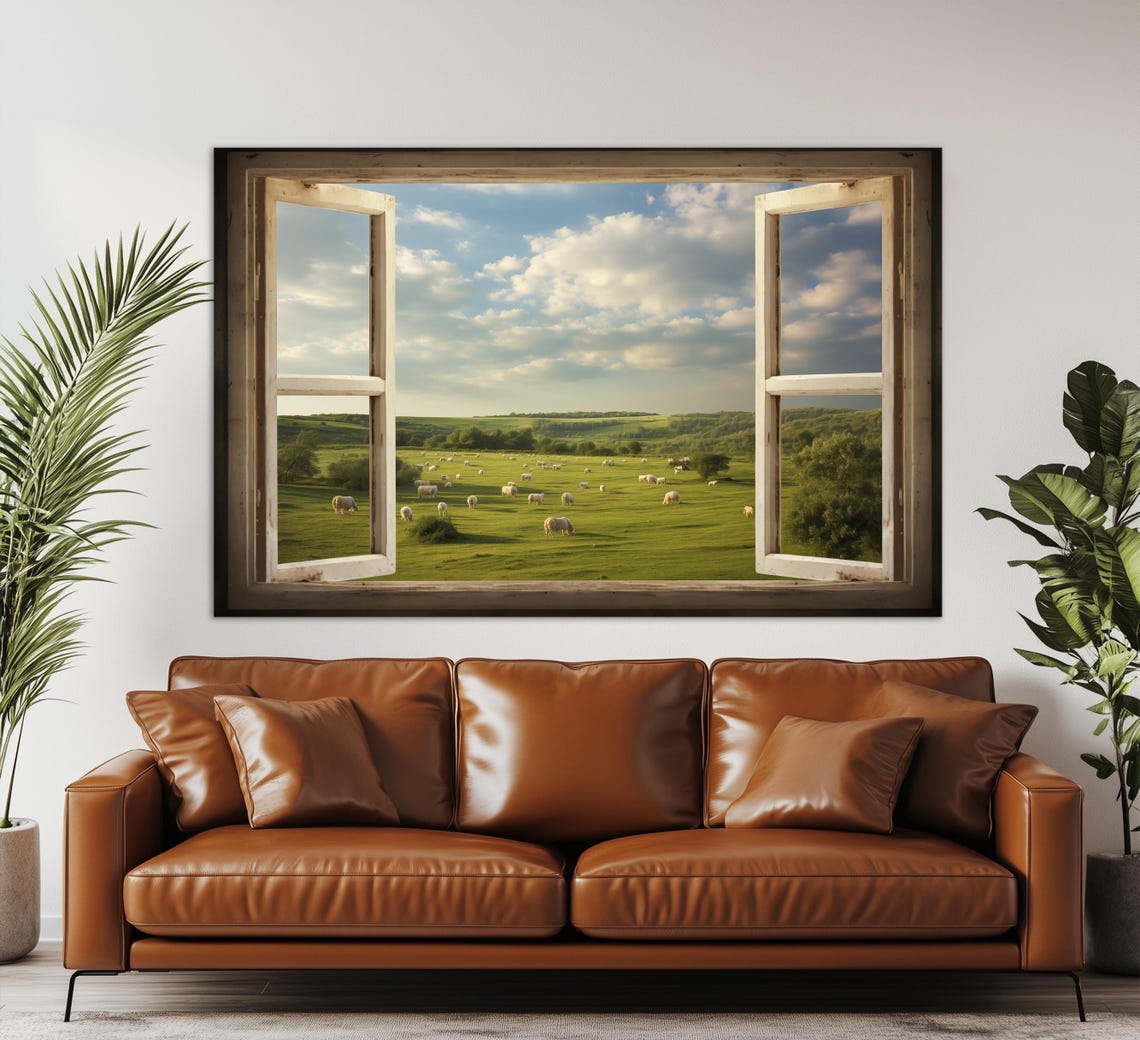 Faux Open Window View Of Green Sheep Pasture Farmhouse Wall Art - Image 3