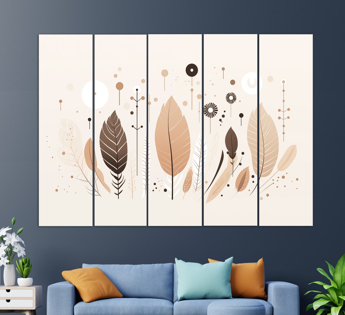 Mid Century Modern Boho Leaves In Beige Cream Minimalist Wall Art - Image 2