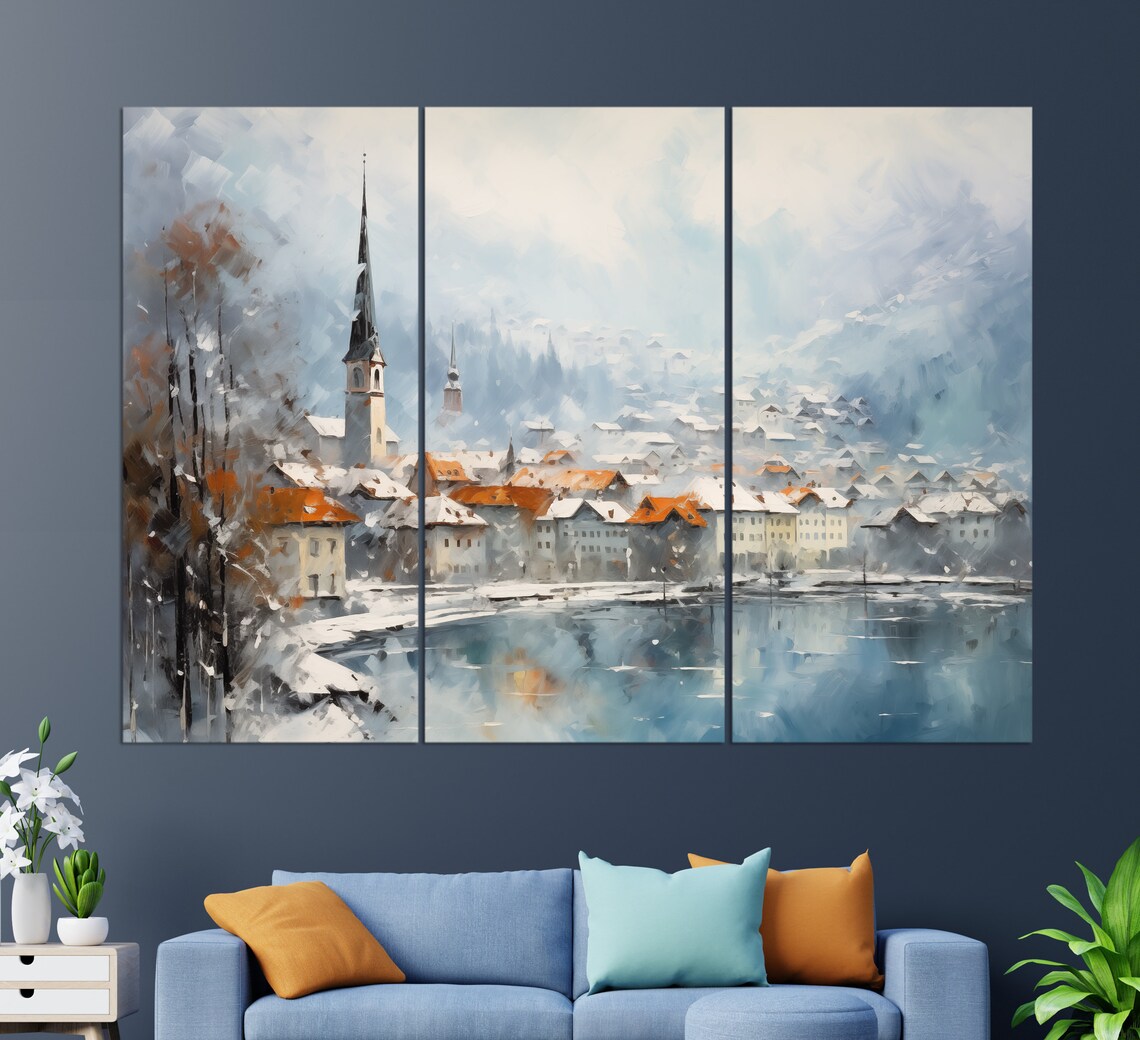 Winter Bern Snowy Old Town Riverside Church Spire Travel Poster - Image 3