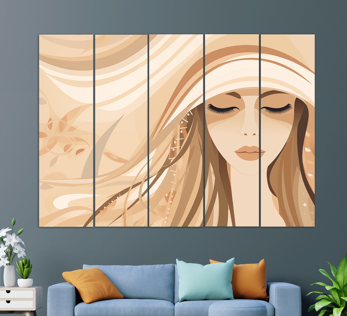 Minimalist Boho Girl Portrait With Flowing Beige Hair Wall Art - Image 2