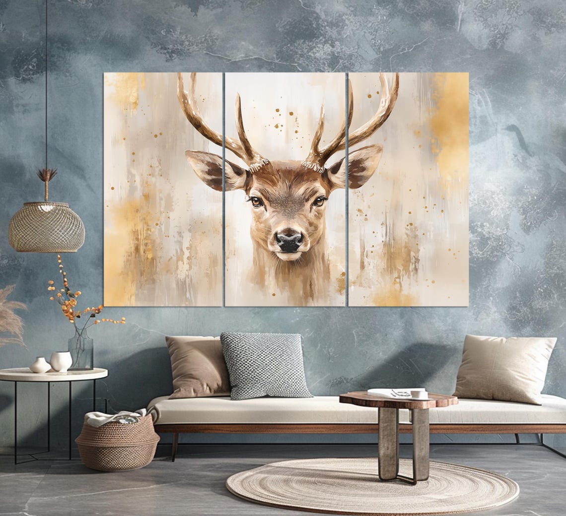 Deer Stag Head Portrait Soft Beige Gold Painted Rustic Wildlife Print - Image 2