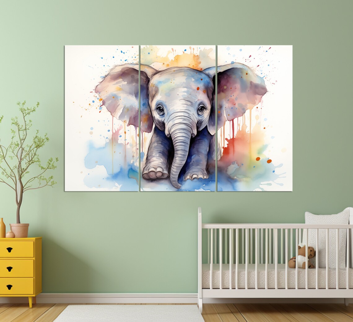 Cute Baby Elephant Watercolor Splashes Nursery Kids Wall Art - Image 3