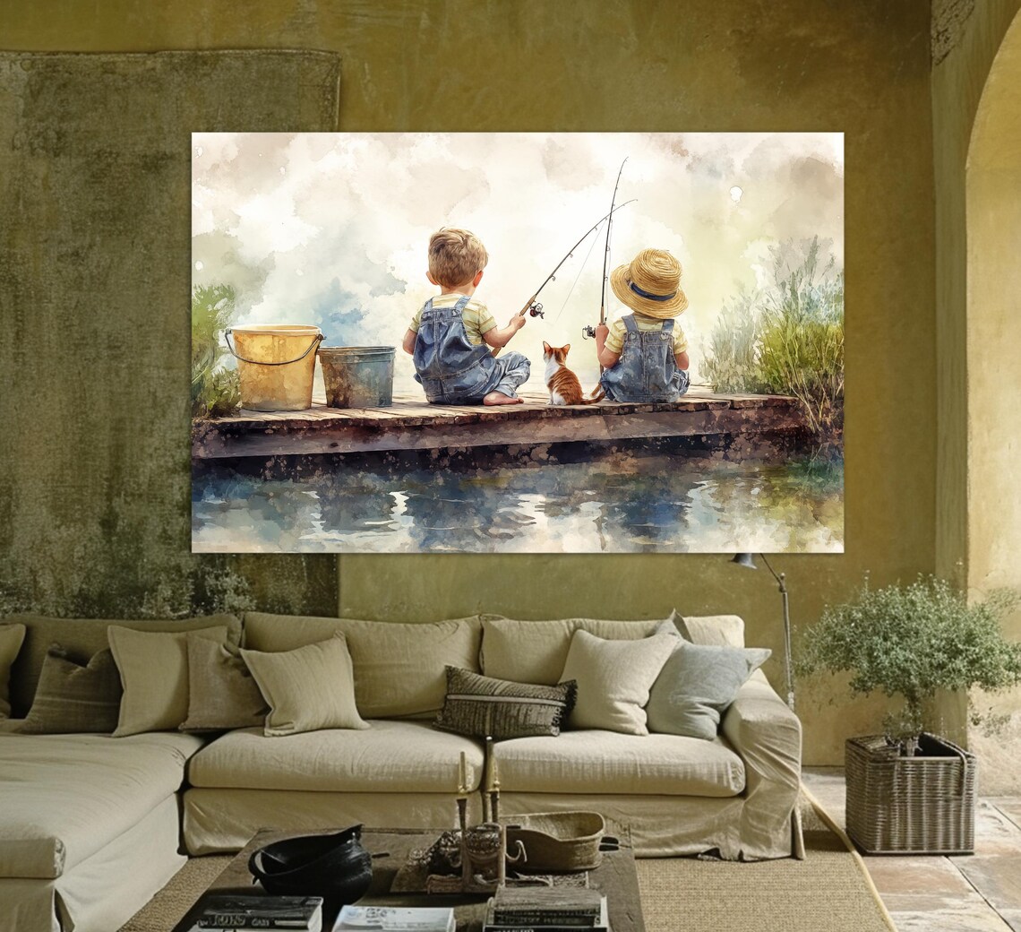 Cute Kids Fishing Print, Nursery and Kids Wall Art