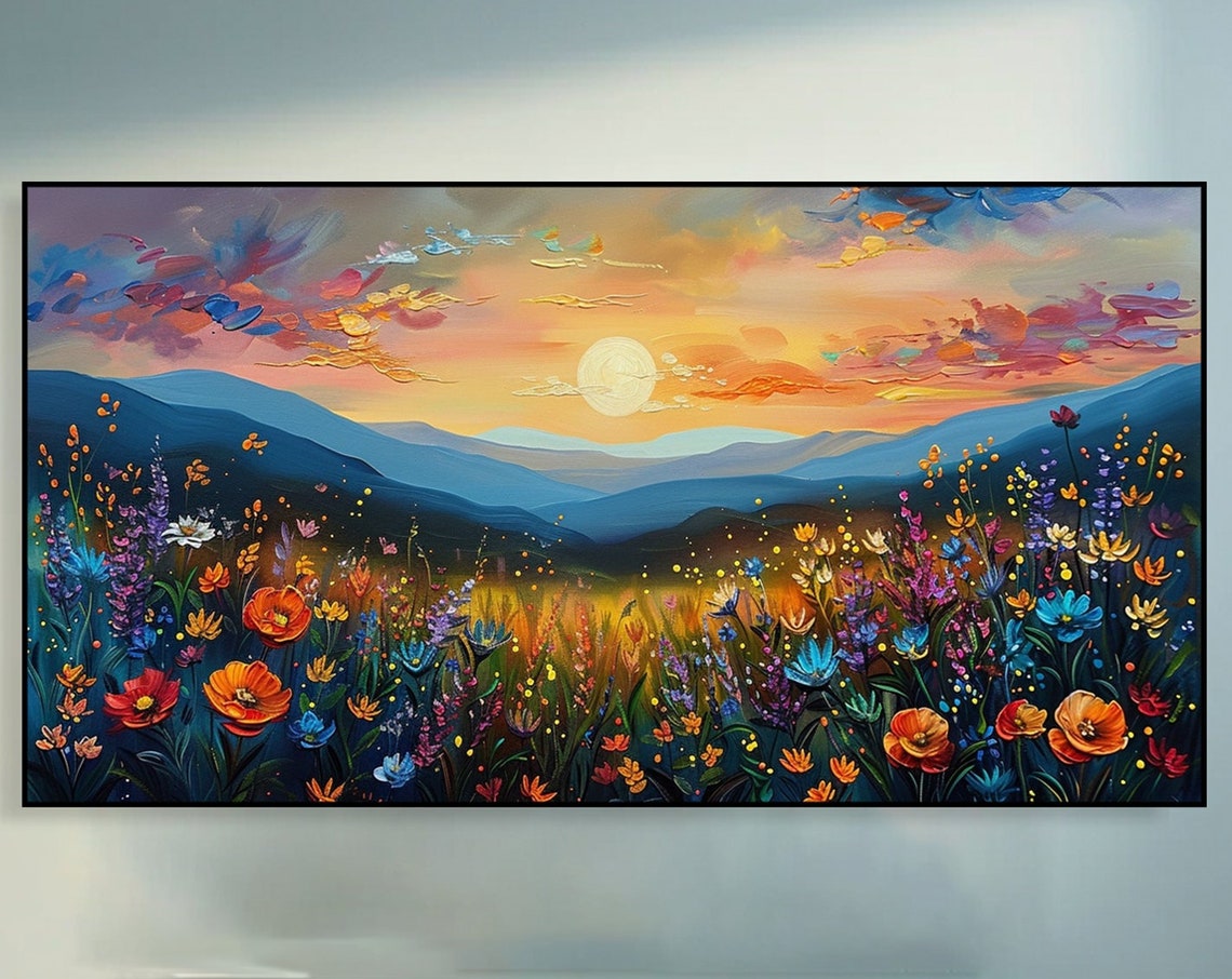 Wildflower Sunset Meadow Blue Mountains Golden Sun Landscape Poster