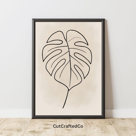Monstera Line Art Print Minimalist Tropical Leaf Wall Neutral Boho Botanical Png Black Drawing Poster