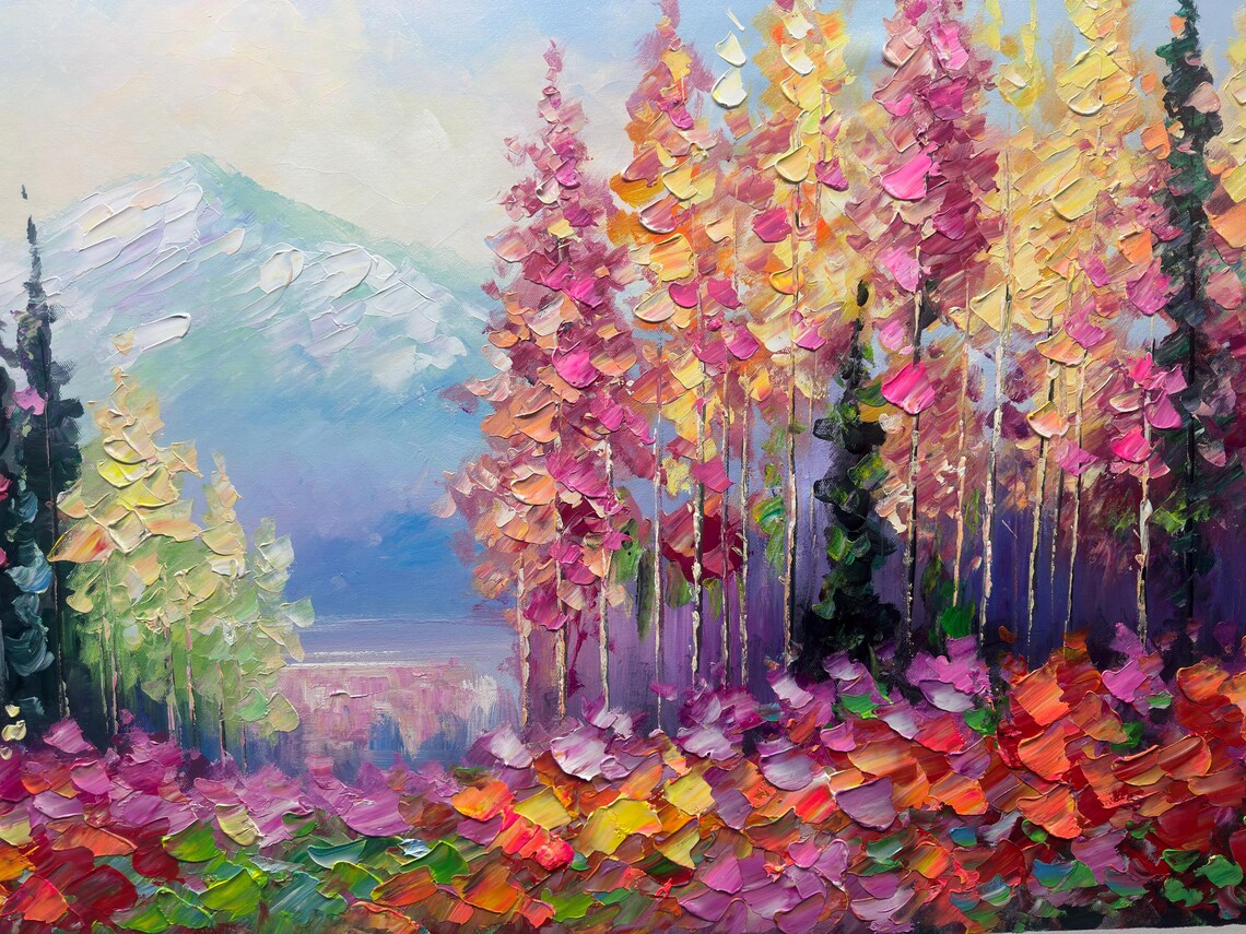 Colorful Autumn Forest Path to Snowy Mountain Textured Art Poster - Image 2
