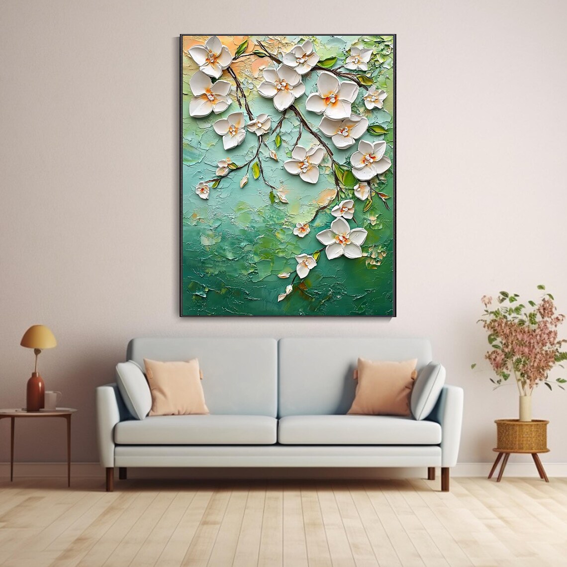 White Blossom Branches Teal Green Floral Painting Vertical Wall Poster - Image 4