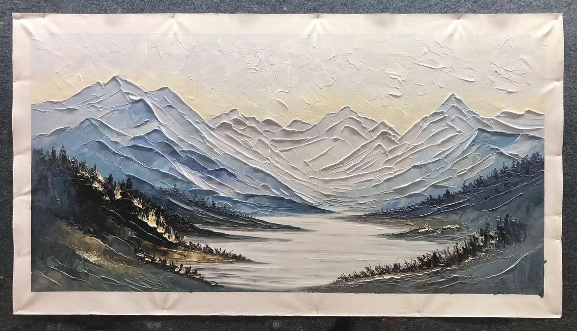 Serene Snowy Mountain Valley Lake Misty Blue Landscape Art Poster - Image 4