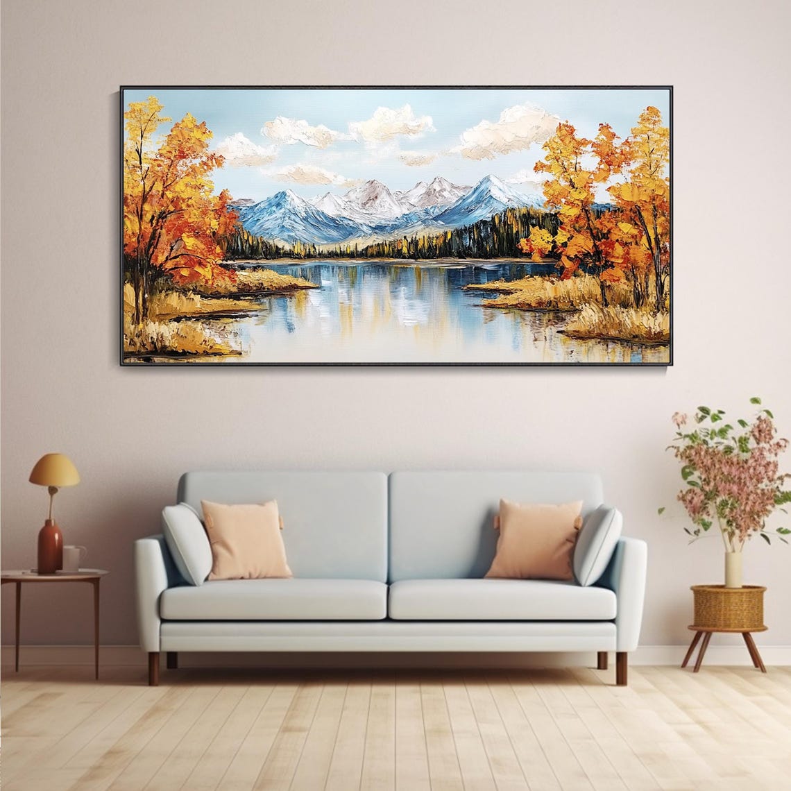 Bright Autumn Lake With Birches Mountain View Painting Poster - Image 4